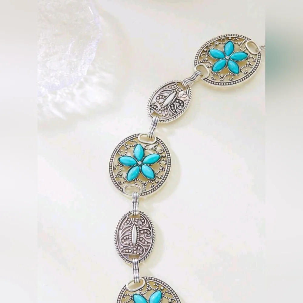 Turquoise Silver Color Vintage Carved‎ Flower Style, Waist Chain Belt
